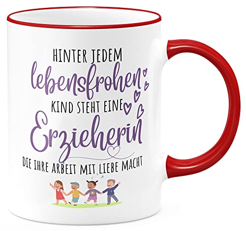 FunTasstic Tasse Hinter jedem lebensfrohen Kind steht eine Erzieherin Kaffeebecher beidseitig bedruckt spülmaschinenfest Tasse Büro Tee, Kaffee Geschenkidee, Farbe:rot, Größe:Erzieherin von FunTasstic