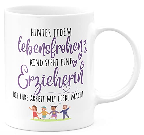 FunTasstic Tasse Hinter jedem lebensfrohen Kind steht eine Erzieherin Kaffeebecher beidseitig bedruckt spülmaschinenfest Tasse Büro Tee, Kaffee Geschenkidee, Farbe:weiss, Größe:Erzieherin von FunTasstic