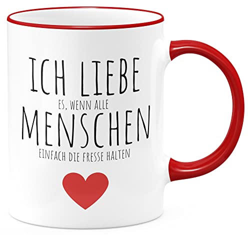 FunTasstic Tasse Ich liebe es, wenn alle Menschen einfach dei Fresse halten Kaffeebecher beidseitig bedruckt spülmaschinenfest Tasse für das Büro Tee, Kaffee Geschenkidee, Farbe:rot, Größe:330 ml von FunTasstic