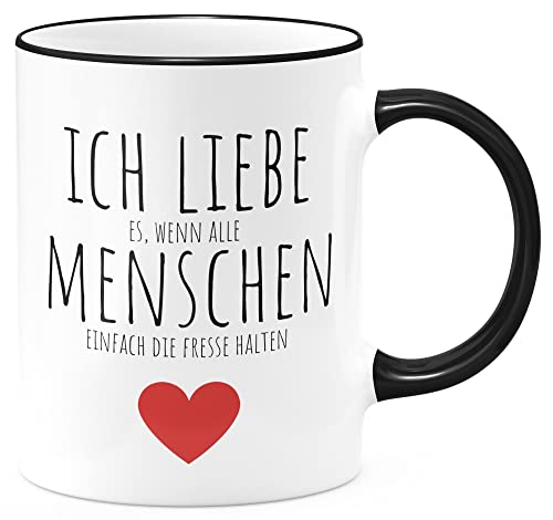 FunTasstic Tasse Ich liebe es, wenn alle Menschen einfach dei Fresse halten Kaffeebecher beidseitig bedruckt spülmaschinenfest Tasse für das Büro Tee, Kaffee Geschenkidee, Farbe:schwarz, Größe:330 ml von FunTasstic