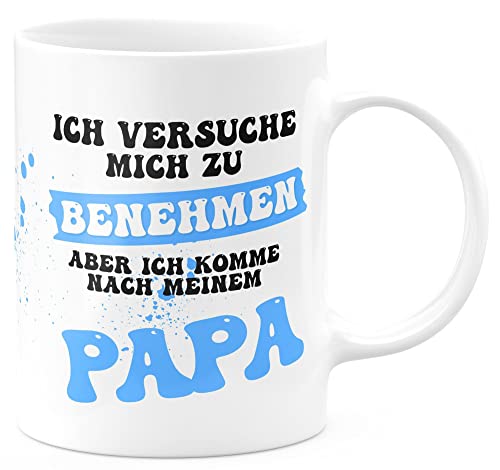 FunTasstic Tasse Ich versuche mich zu benehmen, aber ich komme nach meinem Papa Kaffeebecher beidseitig bedruckt Büro, Farbe:weiss, Größe:330 ml von FunTasstic