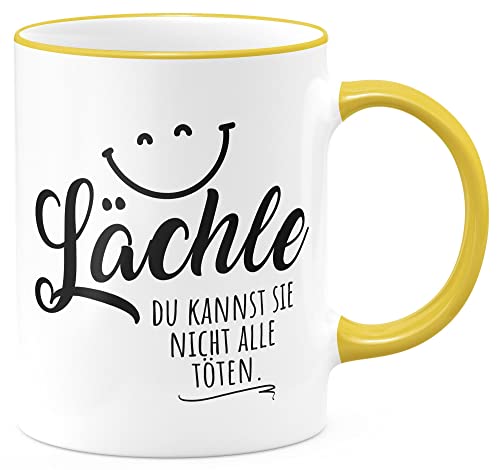 FunTasstic Tasse Lächle, Du kannst sie nicht alle töten Kaffeebecher beidseitig bedruckt spülmaschinenfest Tasse für das Büro Tee, Kaffee Geschenkidee, Farbe:gelb, Größe:Lächle - töten von FunTasstic