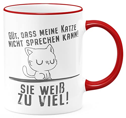 FunTasstic Tasse Meine Katze weiss zu viel Kaffeebecher beidseitig bedruckt spülmaschinenfest Tasse für das Büro Tee, Kaffee Geschenkidee, Farbe:rot, Größe:330 ml von FunTasstic