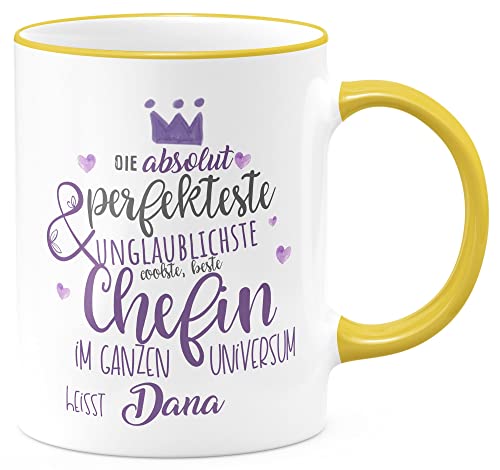 FunTasstic Tasse Perfekteste Chefin mit Wunschname Kaffeebecher spülmaschinenfest Tasse Büro Tee, Kaffee Geschenkidee, Farbe:gelb, Größe:Chefin von FunTasstic