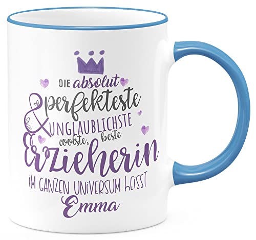 FunTasstic Tasse Perfekteste Erzieherin mit Wunschname Kaffeebecher spülmaschinenfest Tasse Büro Tee, Kaffee Geschenkidee, Farbe:cambridgeblue, Größe:Erzieherin von FunTasstic