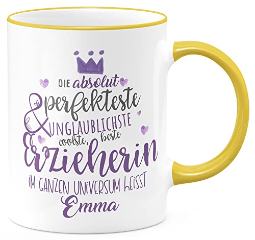 FunTasstic Tasse Perfekteste Erzieherin mit Wunschname Kaffeebecher spülmaschinenfest Tasse Büro Tee, Kaffee Geschenkidee, Farbe:gelb, Größe:Erzieherin von FunTasstic