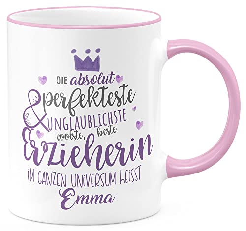 FunTasstic Tasse Perfekteste Erzieherin mit Wunschname Kaffeebecher spülmaschinenfest Tasse Büro Tee, Kaffee Geschenkidee, Farbe:rosa, Größe:Erzieherin von FunTasstic