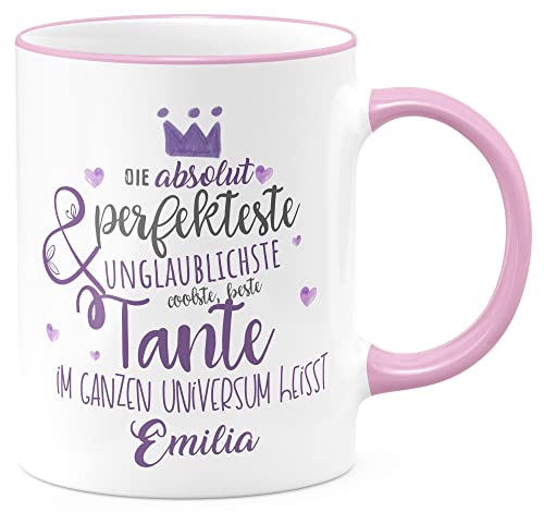 FunTasstic Tasse Perfekteste Mama mit Wunschname Kaffeebecher beidseitig bedruckt Tasse Büro Tee, Kaffee Geschenkidee, Farbe:rosa, Größe:Tante von FunTasstic