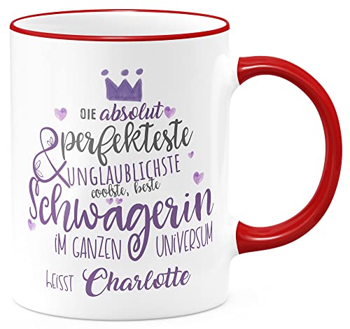 FunTasstic Tasse Perfekteste Schwägerin mit Wunschname Kaffeebecher beidseitig bedruckt Tasse Büro Tee, Kaffee Geschenkidee, Farbe:rot, Größe:Schwägerin von FunTasstic