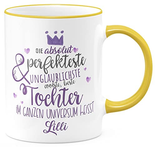 FunTasstic Tasse Perfekteste Tochter mit Wunschname Kaffeebecher beidseitig bedruckt Tasse Büro Tee, Kaffee Geschenkidee, Farbe:gelb, Größe:Tochter von FunTasstic