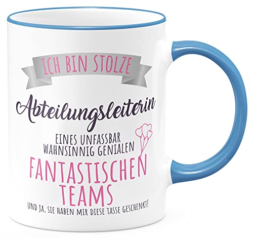 FunTasstic Tasse Stolze Abteilungsleiterin Kaffeebecher beidseitig bedruckt spülmaschinenfest Tasse für das Büro Tee, Kaffee Geschenkidee, Farbe:cambridgeblue, Größe:Abteilungsleiterin von FunTasstic