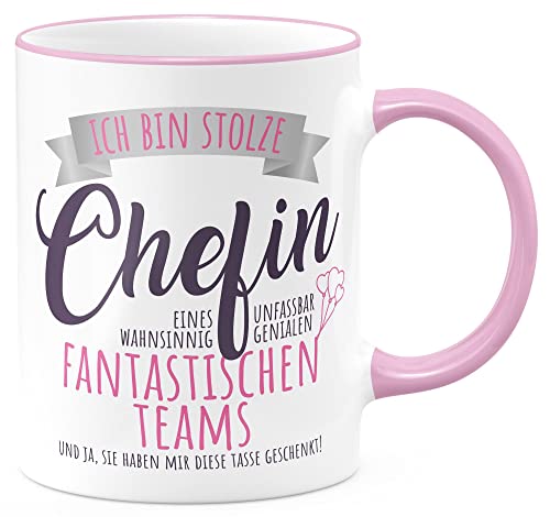 FunTasstic Tasse Stolze Chefin Kaffeebecher beidseitig bedruckt spülmaschinenfest Tasse für das Büro Tee, Kaffee Geschenkidee, Farbe:rosa, Größe:Chefin von FunTasstic