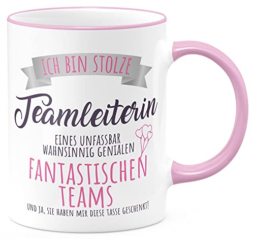 FunTasstic Tasse Stolze Teamleiterin Kaffeebecher beidseitig bedruckt spülmaschinenfest Tasse für das Büro Tee, Kaffee Geschenkidee, Farbe:rosa, Größe:Teamleiterin von FunTasstic