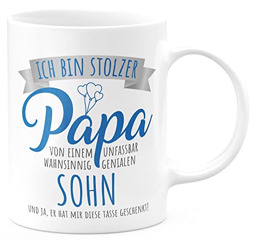 FunTasstic Tasse Stolzer Papa von einem genialen Sohn - zum Vatertag Kaffeebecher beidseitig bedruckt Büro, Farbe:weiss, Größe:330 ml von FunTasstic