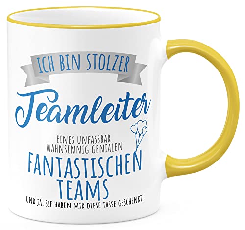 FunTasstic Tasse Stolzer Teamleiter Kaffeebecher beidseitig bedruckt spülmaschinenfest Tasse für das Büro Tee, Kaffee Geschenkidee, Farbe:gelb, Größe:Teamleiter von FunTasstic