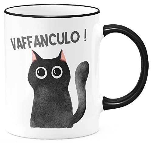 FunTasstic Tasse Vaffanculo Katzendesign Kaffeebecher beidseitig bedruckt spülmaschinenfest Tasse für das Büro Tee, Kaffee Geschenkidee, Farbe:schwarz, Größe:330 ml von FunTasstic