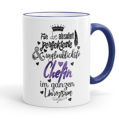 Funtasstic Tasse Für die absolut perfekteste Chefin - Kaffeepott Kaffeebecher 300 ml (3912), Farbe:kobalt von FunTasstic