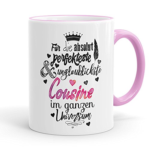 Funtasstic Tasse Für die absolut perfekteste Cousine - Kaffeepott Kaffeebecher 300 ml (3914), Farbe:rosa von FunTasstic