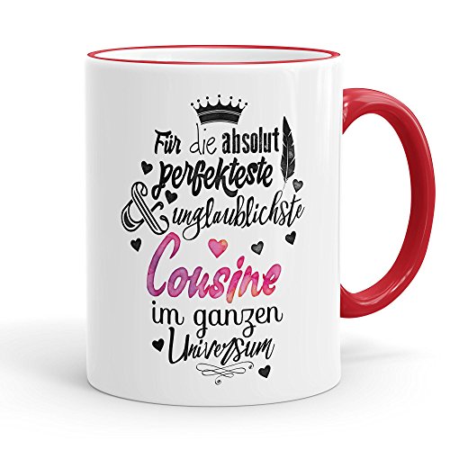 Funtasstic Tasse Für die absolut perfekteste Cousine - Kaffeepott Kaffeebecher 300 ml (3914), Farbe:rot von FunTasstic