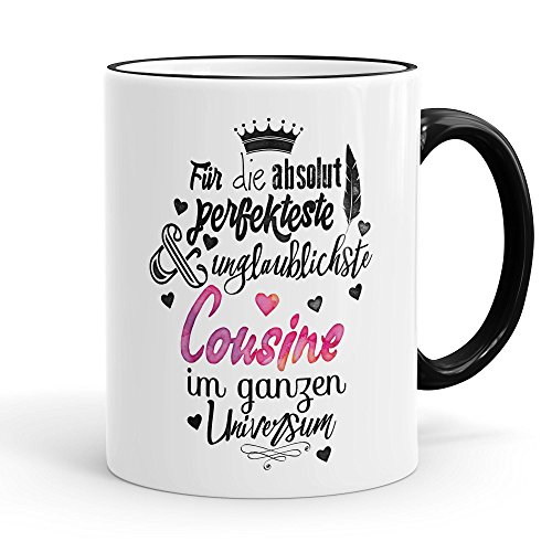 Funtasstic Tasse Für die absolut perfekteste Cousine - Kaffeepott Kaffeebecher 300 ml (3914), Farbe:schwarz von FunTasstic