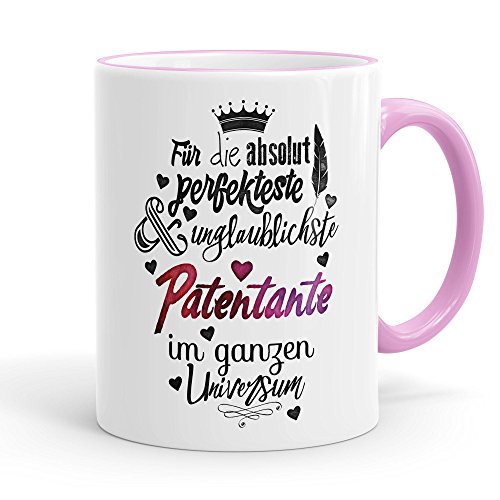 FunTasstic Keramiktasse Patentante rosa/weiß - weiße Keramiktasse für beste Patentante mit Spruch - bedruckte Kaffeetasse Patentante - Teetasse rosa mit Spruch - Geschenk Kaffeebecher für Patentante von FunTasstic