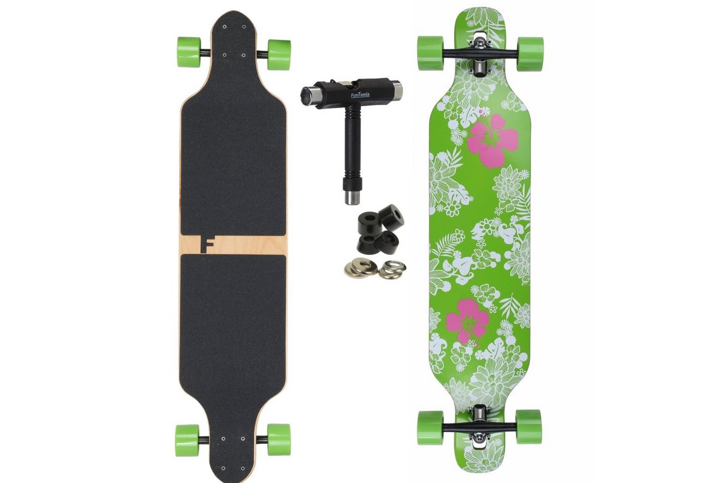 FunTomia Longboard Longboard in 3 Flex Stufen Camber Ahornholz + T-Tool mit LED Rollen, Camber Twin Tip von FunTomia