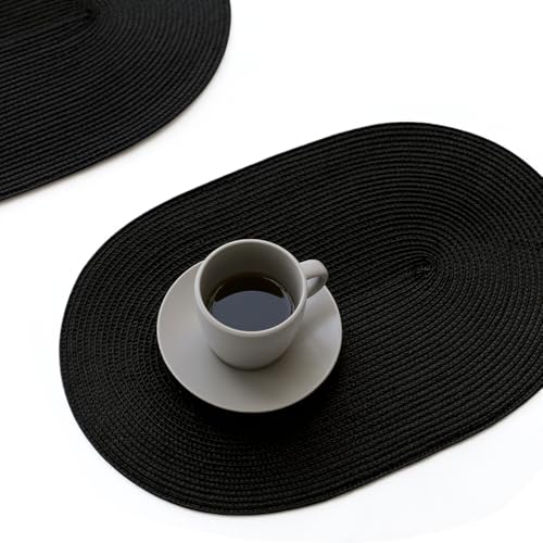 FunWheat Oval Geflochten Tischsets 4er Set Tischsets für Esstisch Gewebt Abwaschbar Anti-Rutsch Platzsets (Oval Schwarz, 4 Stück) von FunWheat
