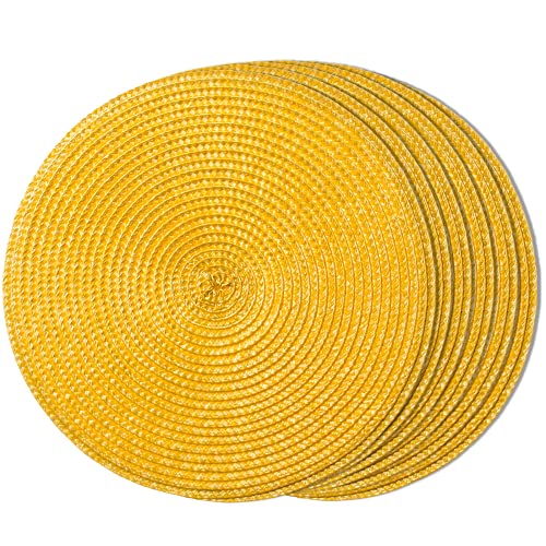 FunWheat Set mit 6 Tischsets, rund, geflochten, für Esstische, waschbar und rutschfest, 33 cm (13 Zoll), Gelb von FunWheat