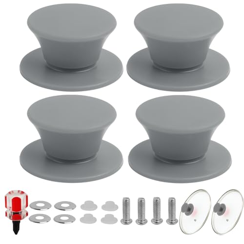 FunWorth 4er-Set Silikon Topfdeckelgriffe, Hitzebeständige Universal Ersatzknöpfe BPA-frei mit Schraubendreher für Glas-/Kochgeschirr, Edelstahlschrauben & Dichtungen, Spülmaschinenfest (Grau) von FunWorth