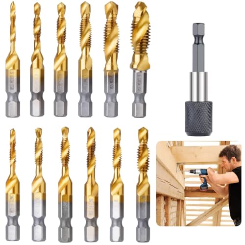 13-teiliges Titanbeschichtetes Bohrer- und Gewindebohrer-Set, SAE & Metrische Combo mit 1/4 Schnellanschluss-Adapter für Mehrzweckbohrungen von Funabridge