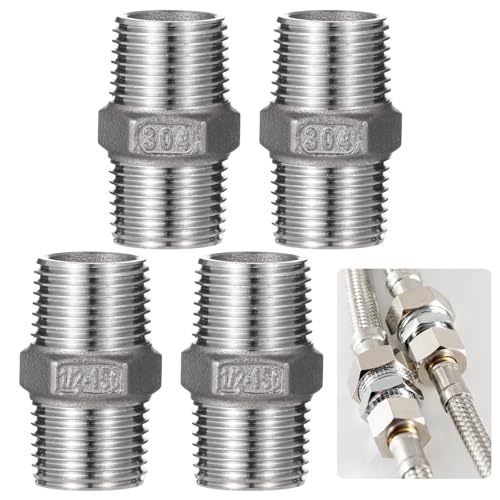 4 Stück Edelstahl-Sechskant-Nippelverschraubungen, 1/2 NPT männlich x 1/2 männlich, Rohrverbinder für Gas-, Wasser- und Kraftstoffleitungen 4 Stück Edelstahl-Sechskant-Nippelverschraubungen, 1/2 NPT männlich x 1/2 männlich, Rohrverbinder für Gas-, Wasser- und Kraftstoffleitungen von Funabridge