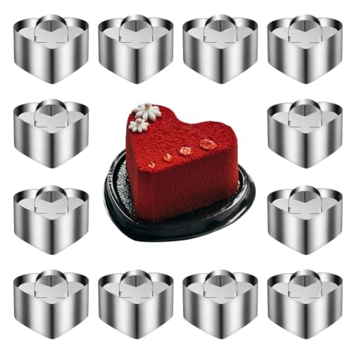 Back-Mousse-Formen-Set, 12-teilig, Herz-Kuchenringe mit Schieber, Edelstahl-Pfannkuchen- und Dessertformen, Größe 8 x 3,7 cm von Funabridge