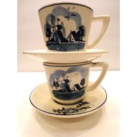 Paar Blaue Delft Teetassen-Signierte Windmühlen von FunandBaubles