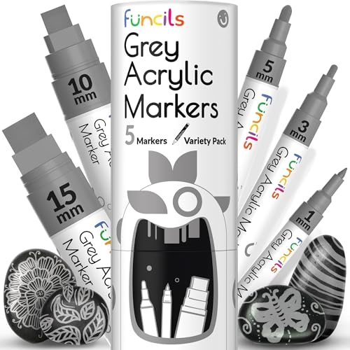 Funcils 5 Grau Acrylstifte für Steine, Glas, Holz, Leinwand - Grau Acryl Marker 1mm, 3mm, 6mm, 10mm, 15mm Spitze. Die Acryl Stifte sind ideal für Erwachsene und auch Kinder von Funcils