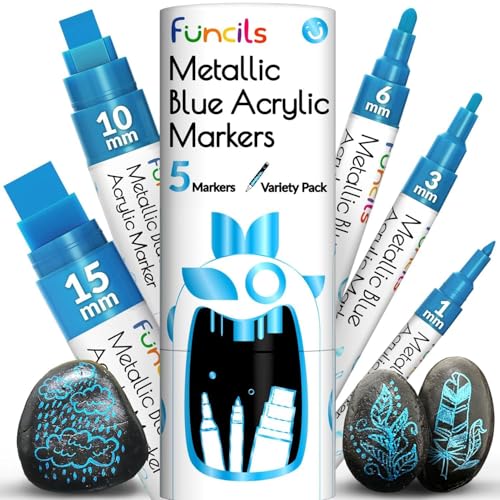 Funcils 5 Metallisch Acrylstifte für Steine, Glas, Holz, Leinwand - Blau Acryl Marker 1mm, 3mm, 6mm, 10mm, 15mm Spitze. Die Blaustift Acryl Stifte sind ideal für Erwachsene und auch Kinder. von Funcils