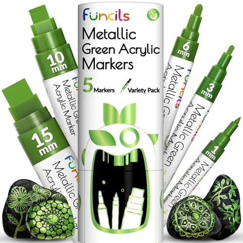 Funcils 5 Metallisch Acrylstifte für Steine, Glas, Holz, Leinwand - Grün Acryl Marker 1mm, 3mm, 6mm, 10mm, 15mm Spitze. Die Grünstift Acryl Stifte sind ideal für Erwachsene und auch Kinder. von Funcils