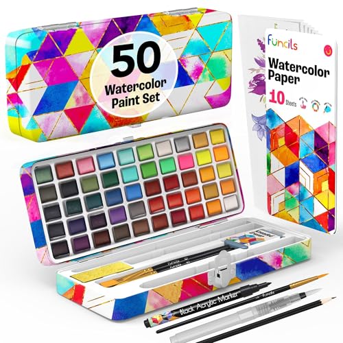 Funcils Aquarellfarben Set - Aquarell Malkasten Inklusive 50 Watercolor mit Metallic Farben und Fluoreszenzfarben, Wasserfarben Malen für Anfänger und Profi, Wasserfarbkasten Künstlerqualität von Funcils