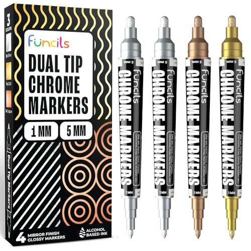 Funcils Chrom Lackstift Set - 4 Lackstifte Dual Spitze: 2x Silber, 1x Gold, 1x Kupfer | Lackstift Silber Metallic Auto, Chrom Farbe Gold, | Silberstift Metallic wasserfest für Auto, Glas, Metall von Funcils