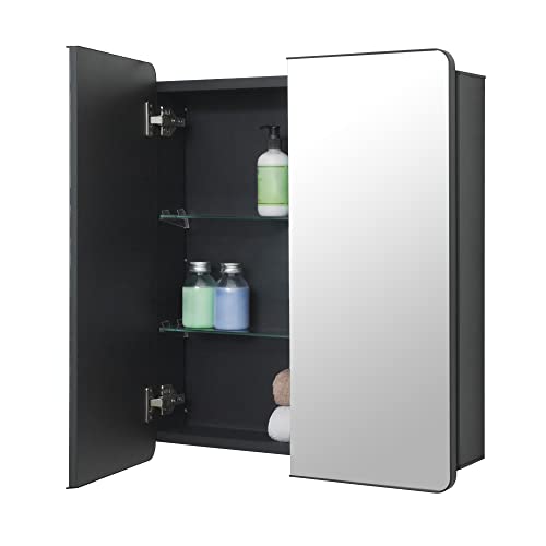 Fundin Schwarzer Aluminium-Badezimmer-Spiegelschrank 60 x 70 cm mit gerahmter Tür und verstellbaren Glasböden, Einbau- oder Aufputzmontage von Fundin
