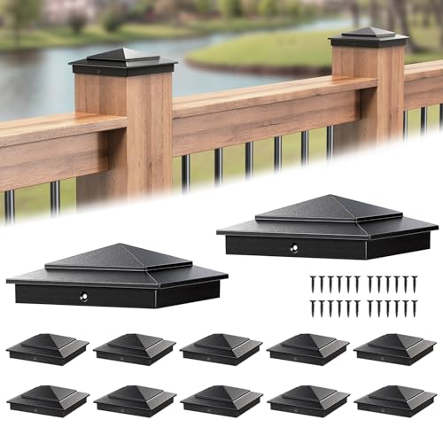 Funerlulu Aluminium-Pfostenkappen für Deckgeländer (14 x 14 cm), Zaunpfostenkappen mit Schrauben, schwarze Pyramiden-Deckpfostenkappe für Holzschiene, wasserdichte Metall-Deckabdeckung für Briefkasten von Funerlulu