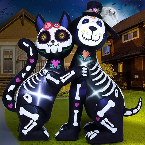 Funflatable Aufblasbares Halloween-Skelett, schwarze Katze und Hund, Tag der Toten, Outdoor-Dekorationen, aufblasbare Halloween-Dekoration mit integrierten LED-Lichtern für Hof, Rasen, Garten, von Funflatable