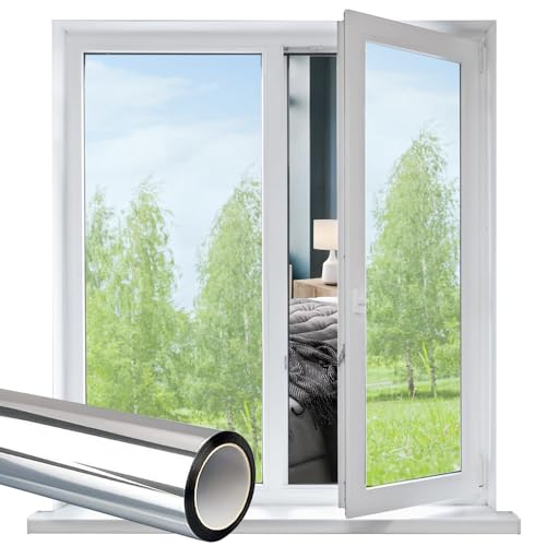 Funfox Spiegelfolie Selbstklebend Sonnenschutzfolie Fenster, Fensterfolie Blickdicht Sichtschutzfolie Reflektierend Wärmeisolierung UV-Schutz Scheibenfolie Für Büro Wohnzimmer Silber 44.5 x 200cm von Funfox
