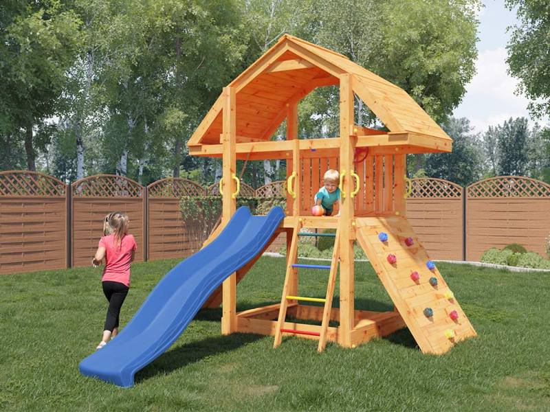 Fungoo Spielturm Buffalo teakfarben inkl. Rutsche blau - BxTxH: 336x302x285 cm, inkl. Rutsche blau + Sandkasten + Kletterwand, inkl. Rampe + Teleskop von Fungoo