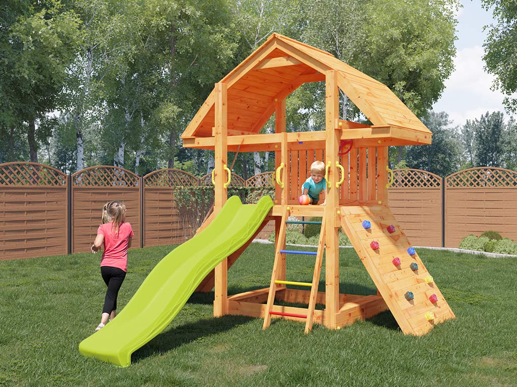 Fungoo Spielturm Buffalo teakfarben inkl. Rutsche gelb - BxTxH: 336x302x285 cm, inkl. Rutsche gelb + Sandkasten + Kletterwand, inkl. Rampe + Teleskop von Fungoo