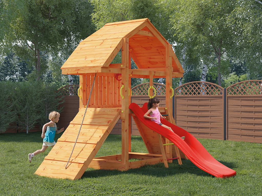 Fungoo Spielturm Buffalo teakfarben inkl. Rutsche rot - BxTxH: 336x302x285 cm, inkl. Rutsche rot + Sandkasten + Kletterwand, inkl. Rampe + Teleskop + von Fungoo