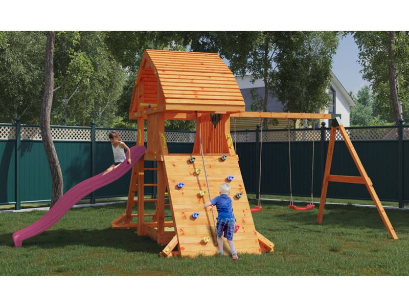 Fungoo Spielturm Giant Move teakfarben inkl. Rutsche pink - BxTxH: 373x660x313 cm, inkl. Rutsche pink, inkl. Doppelschaukel von Fungoo