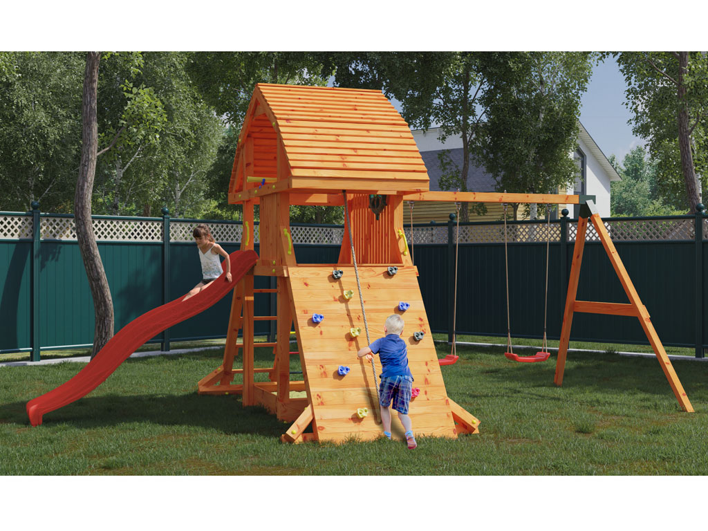 Fungoo Spielturm Giant Move teakfarben inkl. Rutsche rot - BxTxH: 373x660x313 cm, inkl. Rutsche rot, inkl. Doppelschaukel von Fungoo