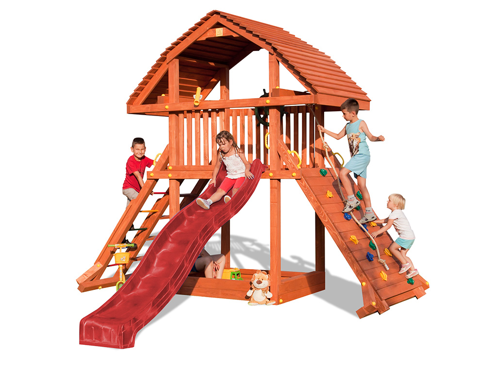 Fungoo Spielturm Giant teakfarben inkl. Rutsche rot - BxTxH: 373x385x313 cm, inkl. Rutsche rot, inkl. Kletterrampe + 2-teiliger Leiter uvm. von Fungoo