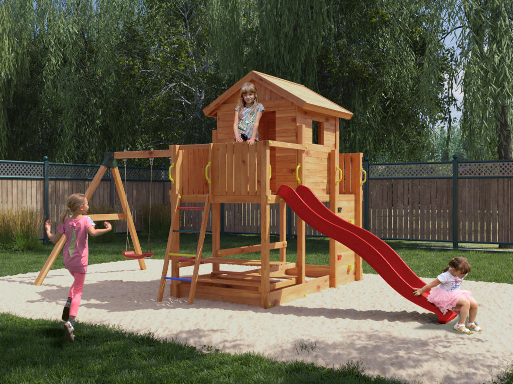 Fungoo Stelzenhaus Mars teakfarben inkl. Rutsche rot - BxTxH: 558x301x280 cm, inkl. Doppelschaukel + Kletterwand, inkl. Picknick-Tisch + Rutsche rot von Fungoo