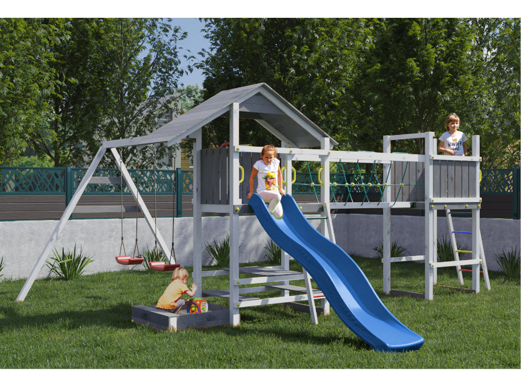 Fungoo Spielturm Smart 1 Bridge grau/weiß inkl. Rutsche blau - BxTxH: 559x493x254 cm, inkl. Sandkasten + Tisch + Zubehör, inkl. Schaukel + von Fungoo